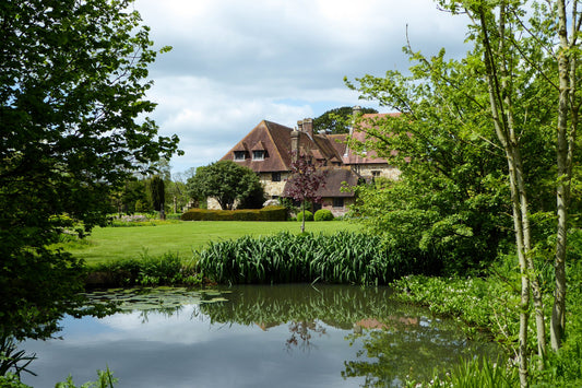 english house with pond in yard
