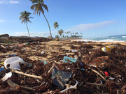 plastic trash pile washed up on beach shore